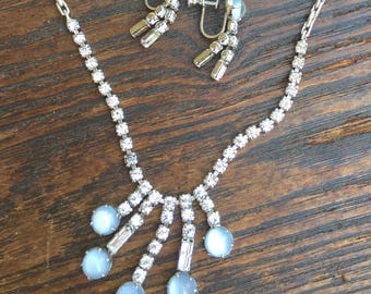 Vintage Leo Glass Rhinestone and Moonstone Necklace and Screw Back Earrings Set
