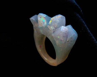 Holographic handmade resin Opal ring. Handmade resin ring blue and purple Opal effect with holographic and Pearlescent fragments