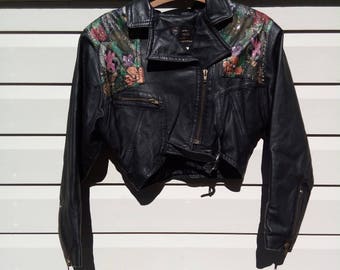 Hand-painted 90s Cropped Leather Motorcycle Jacket