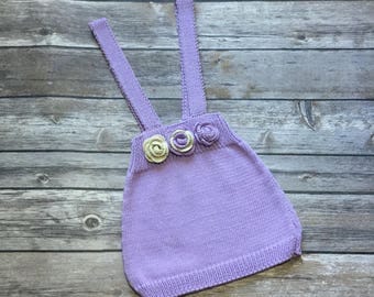 Organic cotton knitted baby skirt on straps 6-12m 3D flowers