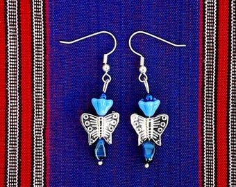Silver/Blue Drop Style Ear Rings With Butterfly Beads
