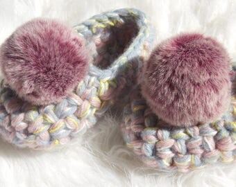 Girls' slippers, Thick crochet shoes, Kids house slippers with POM POMS, Child girls slippers, Birthday GIFT, Non slip slippers
