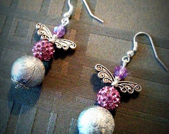 Fancy flight, grey and purple beads with butterfly wings earrings