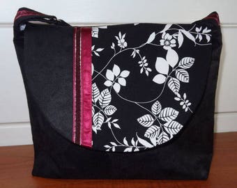SAC bandoulière en tissu black faux suede and fabric Japanese floral