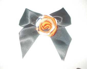 Black satin flower beije and orange bow tie brooch