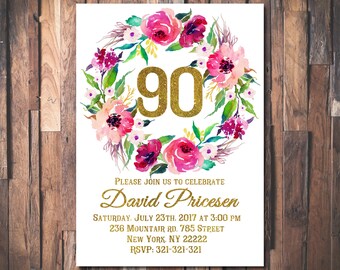 Floral 90th Birthday Invitation, Floral Women Birthday Invitation, Floral Women Birthday Invitation, Boho Birthday Invite1006