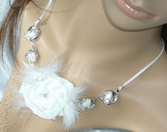 Bridal necklace white handmade taffeta flower