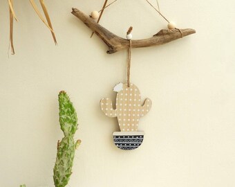 Hanging deco cactus wood-gray and white