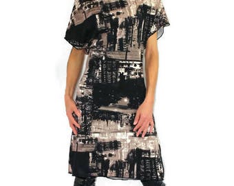 modern dress fabric printed in the city pleated on the neckline and short sleeves