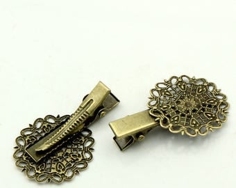 Set of 2 bronze Bobby pins round filigree 40x25mm - SC22547-flower