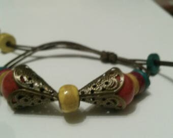 ethnic bracelet, adjustable Pearl yellow and Red