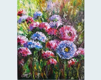 Aster knife painting Modern green artwork Autumn canvas art Autumn flower art Pink violet flower Aster floral artwork Live laugh love art