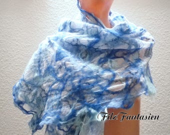 Nuno felted scarf, silk scarf, befilzter, Hårruller blue, scarf