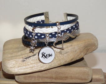 Personalized Bracelet with the name of your choice, leather, bias peas, suede, Navy Blue, white
