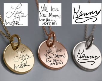 Custom Handwriting Necklace Actual Handwriting Circle Charm Necklace Silver Disc Keepsake Jewelry Memorial Signature Necklace Gifts for mom