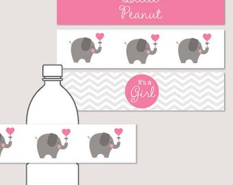 Instant Download Pink Elephant Water Bottle Labels Printable
