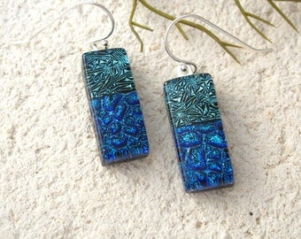 Green Blue Earrings, Dichroic Earrings, Dichroic Jewelry, Dangle Drop Earrings, Fused Glass, Sterling Earrings, ccvalenzo, 080817e102b