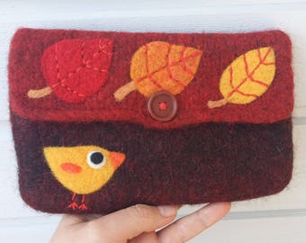 Felted bag pouch purse bag hand knit needle felted burgundy red orange wool bird birdie leaf