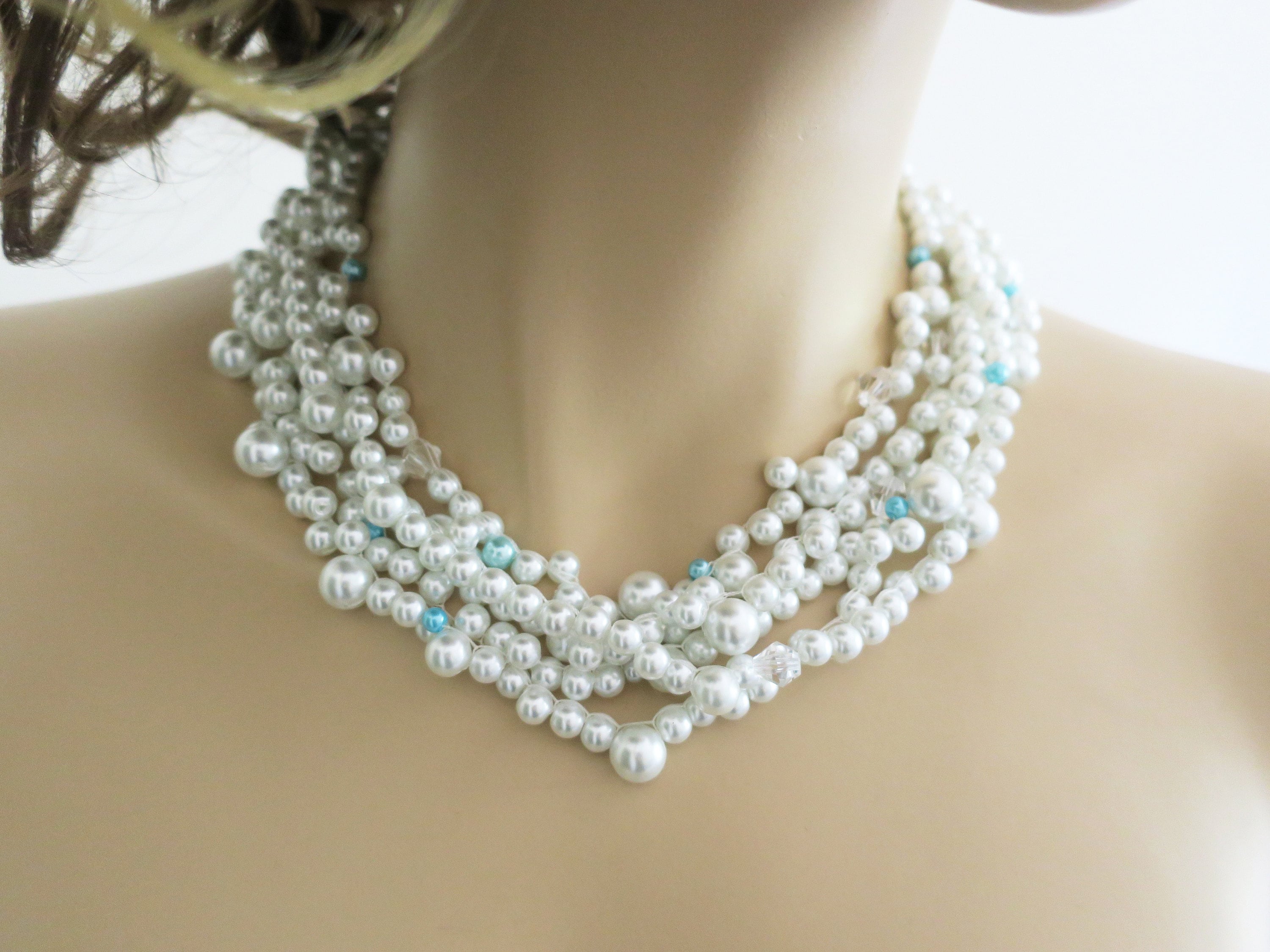 White pearl necklace, something blue wedding jewelry, bridal statement necklace