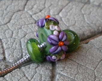 Purple On Green Sweet Floral Spacers BHB Lampwork Beads by Cherie Sra R114 Big Hole Bead Flameworked Bead Floral 5mm hole Purple Flower BHB
