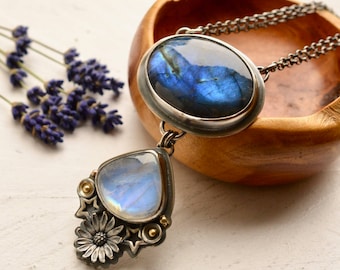 Labradorite Necklace, Unique Moonstone Necklace, Statement Jewelry, Modern Rustic Metalwork, Botanical Silver Jewelry