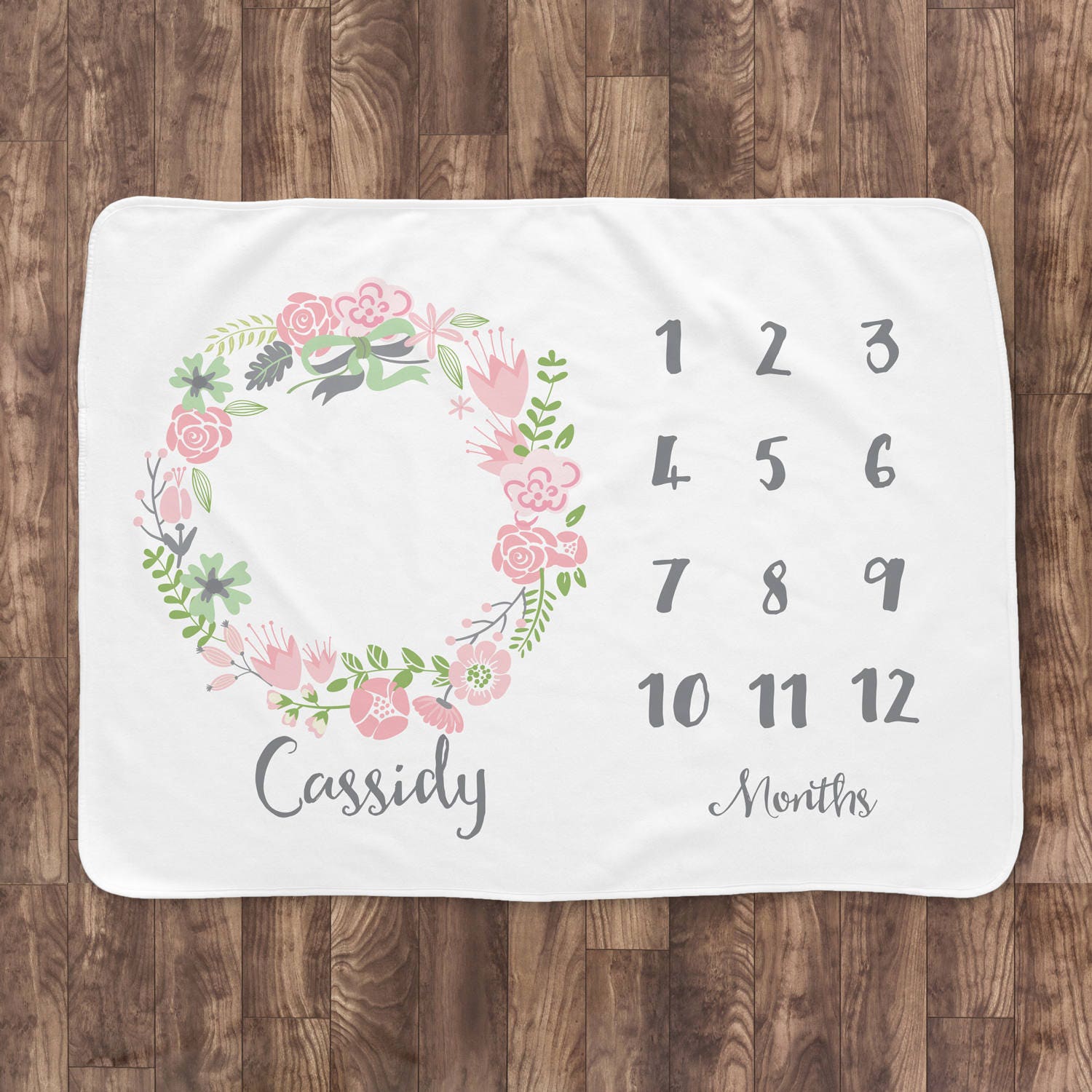 Baby Month Milestone Blanket Pink Floral Wreath white