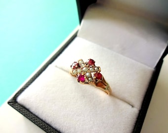 Victorian 10kt Gold Ruby and Seed Pearl Ring Size 5