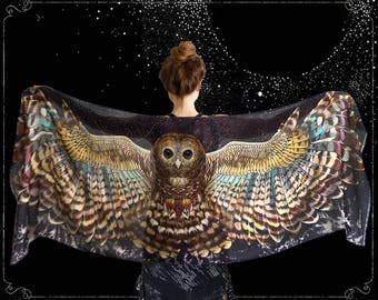Halloween Owl Scarf, Silk Scarf, Pashmina Scarf, Wings Wrap, Owl Shawl Wrap, Birds Scarf, Wearable Art, Feather Print Scarf, Nature Scarf
