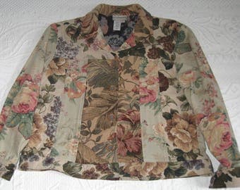 tapestry jacket . tapestry jeans jacket . Coldwater Creek . coldwater creek tapestry jacket . cabbage rose jacket . size M