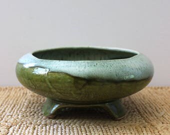 Vintage California footed pottery planter, green drip glaze.