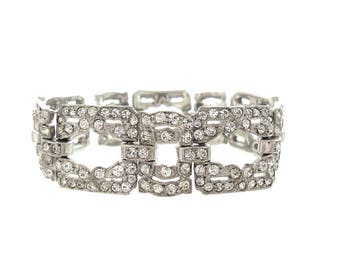 Antique Art Deco Bracelet, Original 1920 Vintage Rhinestone Cuff, Fine Art Deco Wedding Jewelry, Art Deco Rhinestone