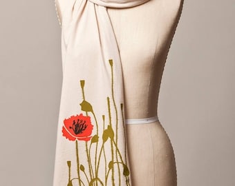 SUMMER SALE poppy scarf, red poppy, cream scarf, neutral scarf, long soft scarf