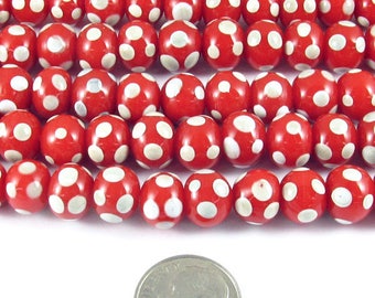 17" Round Glass Lampwork Christmas Beads-RED + IVORY DOTS 9mm (58)
