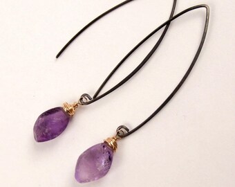 Amethyst Earrings Amethyst Long Earrings Mixed Metal Wire Wrap Oxidized Sterling Silver Hammered Gemstone February Birthstone Boho Jewelry