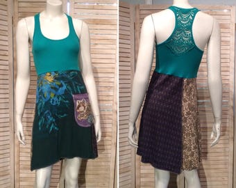 Upcycled Dress Patchwork Tribal T-shirt Dress w Crochet Racer-Back Appliquéd Pocket Eco Tunic Upcycled Clothing Sundress S M DeviDesigns