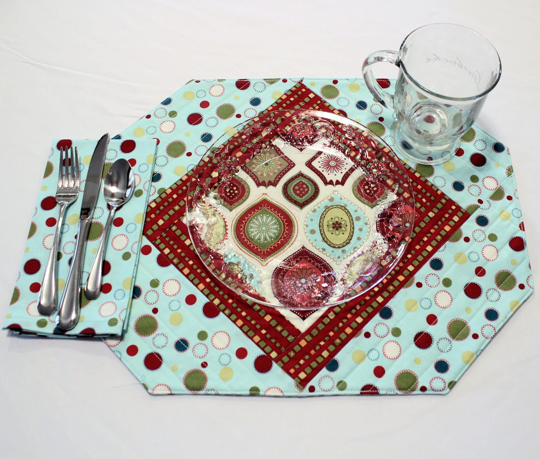 Christmas Placemats & Napkins Aqua Blue and Red Quilted Place