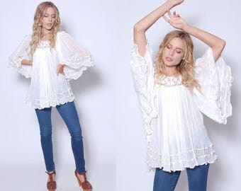 Vintage 70s White GAUZE Top ANGEL Sleeve Tunic CROCHET Cotton Top Boho Tunic Hippie Top