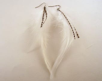 Feather Earrings Natural white and Grizzly long