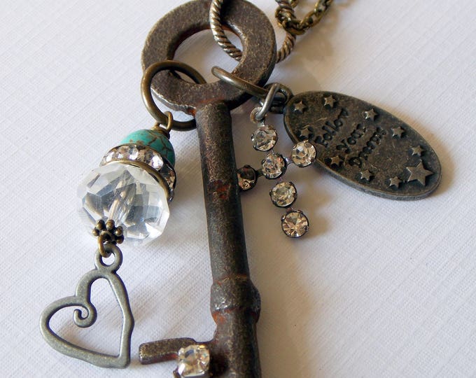 Altered Rustic Skeleton Key Necklace Vintage Key Mixed Metal Necklace Follow Your Dreams Rhinestone Cluster Charm Long Necklace