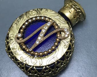 Vintage Czech Perfume Bottle . Cobalt blue Glass . Jeweled . Rhinestones . Filigree