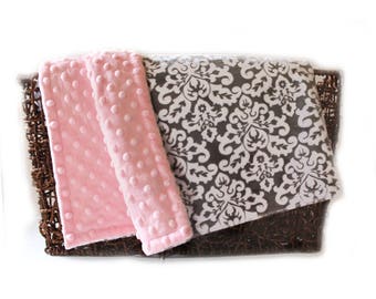 Minky Baby Blanket, Personalized Damask White Pink Gray Girl - Nursery Decor Girl // Name Baby Blanket // Baby Gift / Damask Blanket