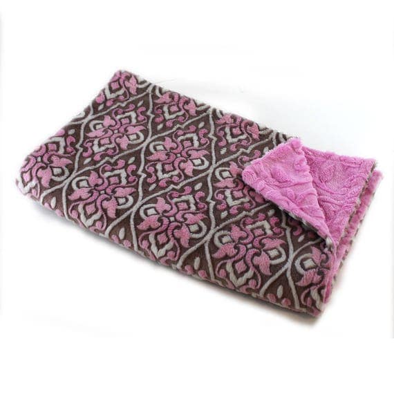 Pink Brown Floral Blanket / Minky Baby Blanket Girl, Flower Blanket // 29 x 35 in Ready to Ship