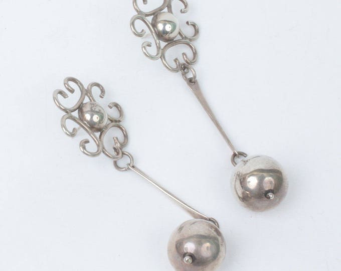 Silver Ball Drop Earrings Long Dangle Earrings Posts