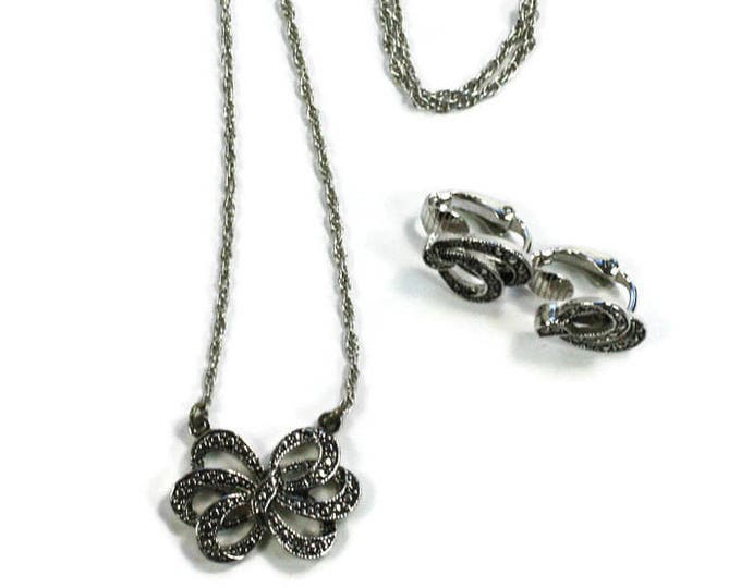 Avon Faux Marcasite Bow Necklace and Earrings Set Vintage