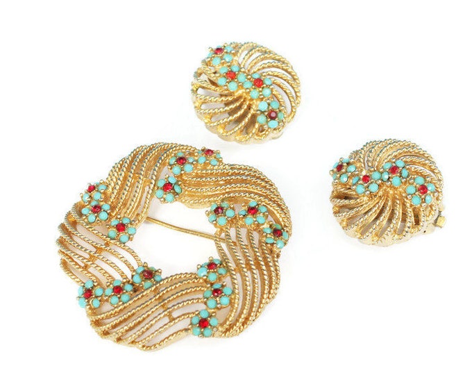 Turquoise and Red Beads Brooch Earrings Swirled Design Signed Lisner Vintage