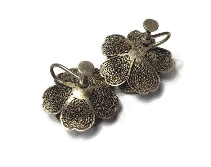 Silver Filigree Flower Design Earrings Dimensional Screw Back Vintage