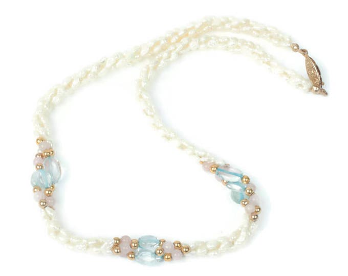 Freshwater Pearl Necklace Blue Glass Beads Rose Quartz Gold Tone Bead Necklace Vintage