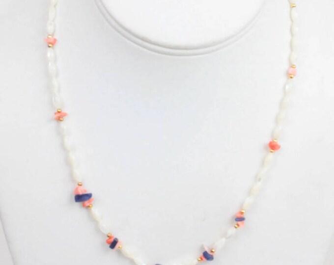 Mother of Pearl Rice Bead Necklace Coral Lapis Bead Accents Vintage