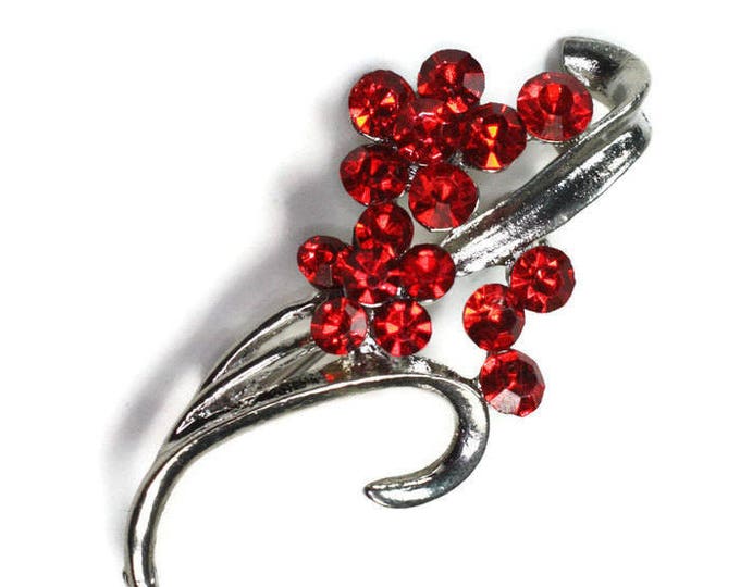 Red Rhinestone Flower Brooch Pin Silver Tone Metal Vintage