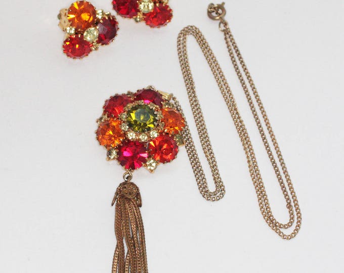 Rhinestone Pendant Tassel Necklace Clip On Earrings Orange Red Green Rhinestones Vintage